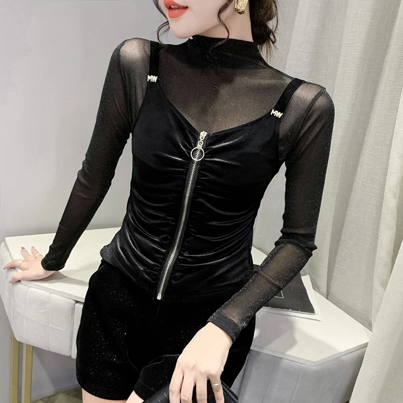 

#8135 False Two Piece T Shirt Women With Zipper Sexy Short T Shirt Female Half High Collar Vintage T-shirt Spliced Mesh Spring