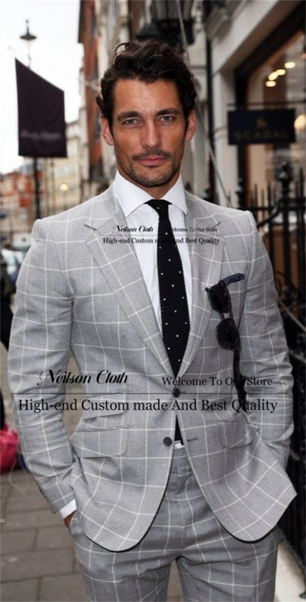

Formal Plaid Male Prom Blazers 2 Pieces Sets Grey Groom Wedding Tuxedos Customized Notched Lapel Slim Fit Terno Masculino