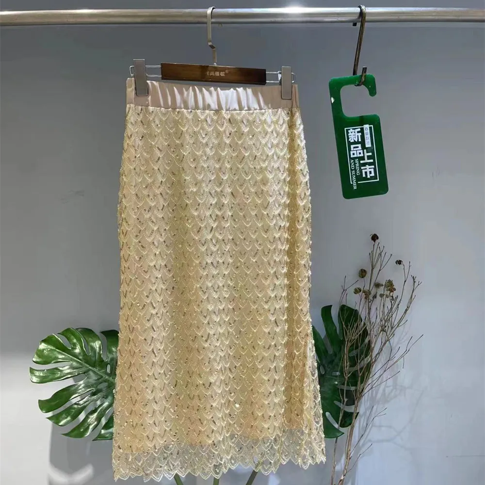 Women's Spring Summer Luxury Fragrant Mid Length Style High Waist Duty Lace Sequin Straight Barrel Skirt 2024