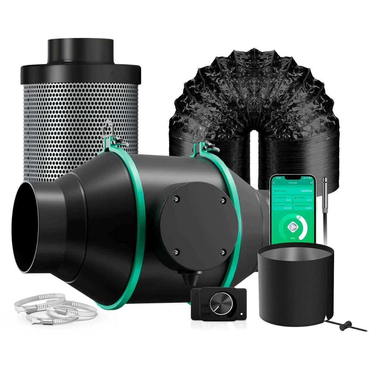 4-Inch Smart Silent Ec Inline Duct Fan and Carbon Filter Combo Ventilation Kits for Grow Tent