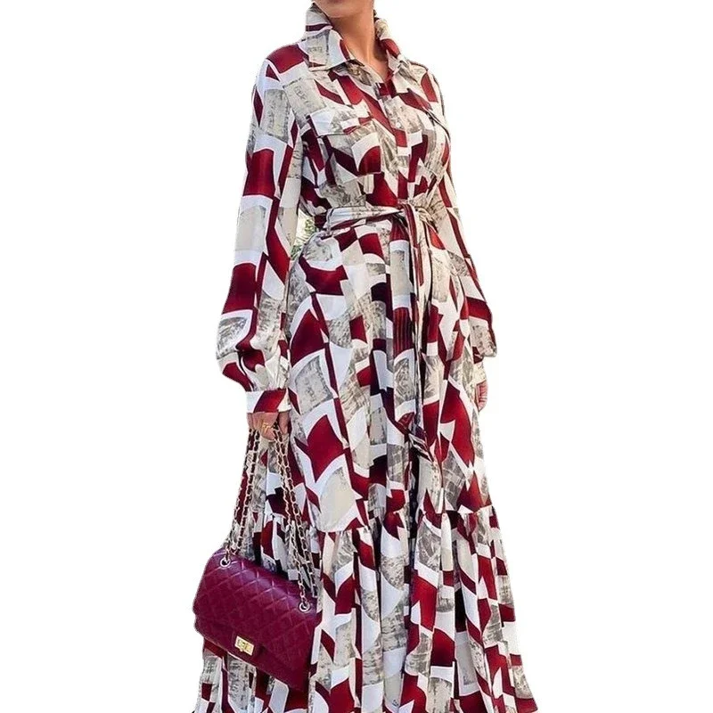 Women Vintage Floral Printed Full Sleeve Spring Autumn Dress Retro Office Maxi Elegant Ladies Party Long Shirt Dresses 3XL