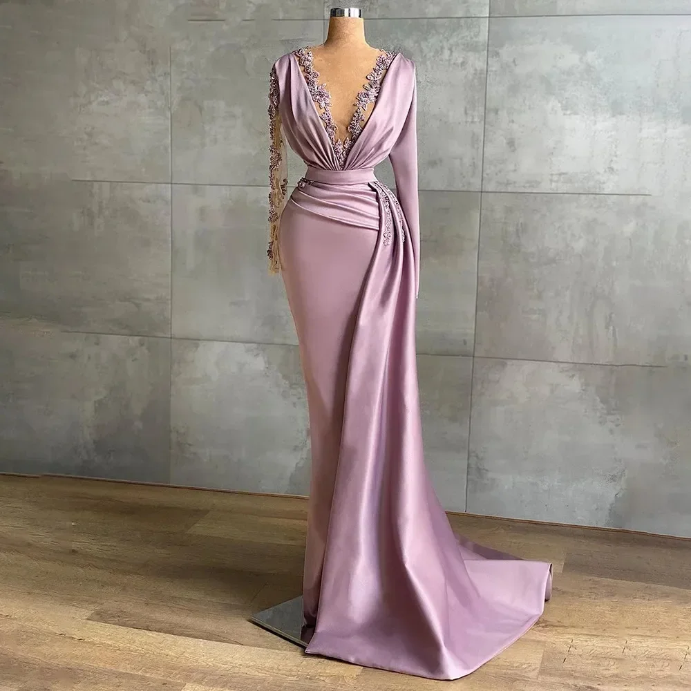 Customized Elegant And Tasteful Women's Decal V-neck Slim Mermaid Dance Dress Purple Satin Evening Dress Long Wrap