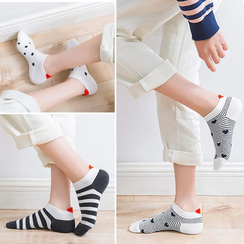 5-parowe letnie modne bawełniane skarpetki do kostki z nadrukiem serca Nowe damskie śmieszne kreskówki Śliczne krótkie skarpetki Casual Low Cut Boat Socks