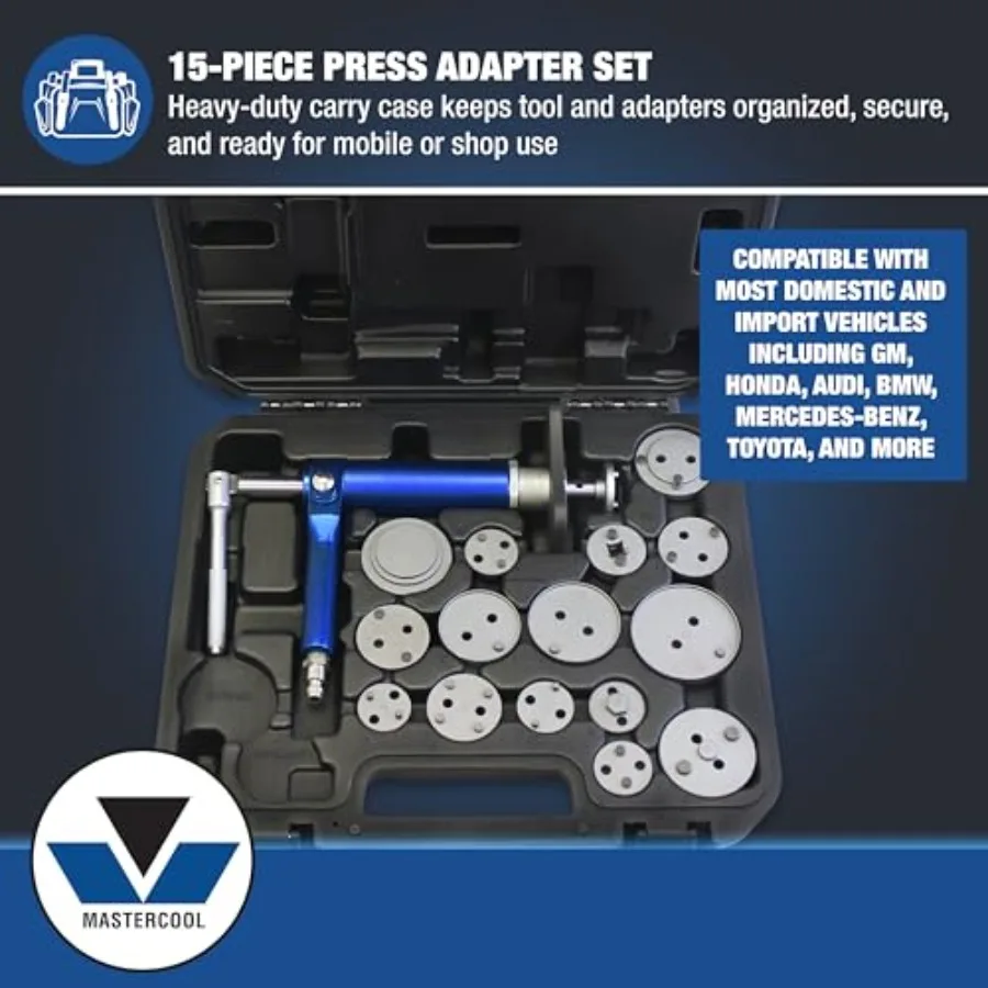 Air-Powered Brake Caliper Wind-Back Tool Kit 15-Piece Adapter Set, Left/Right Hand Operation, 3/8