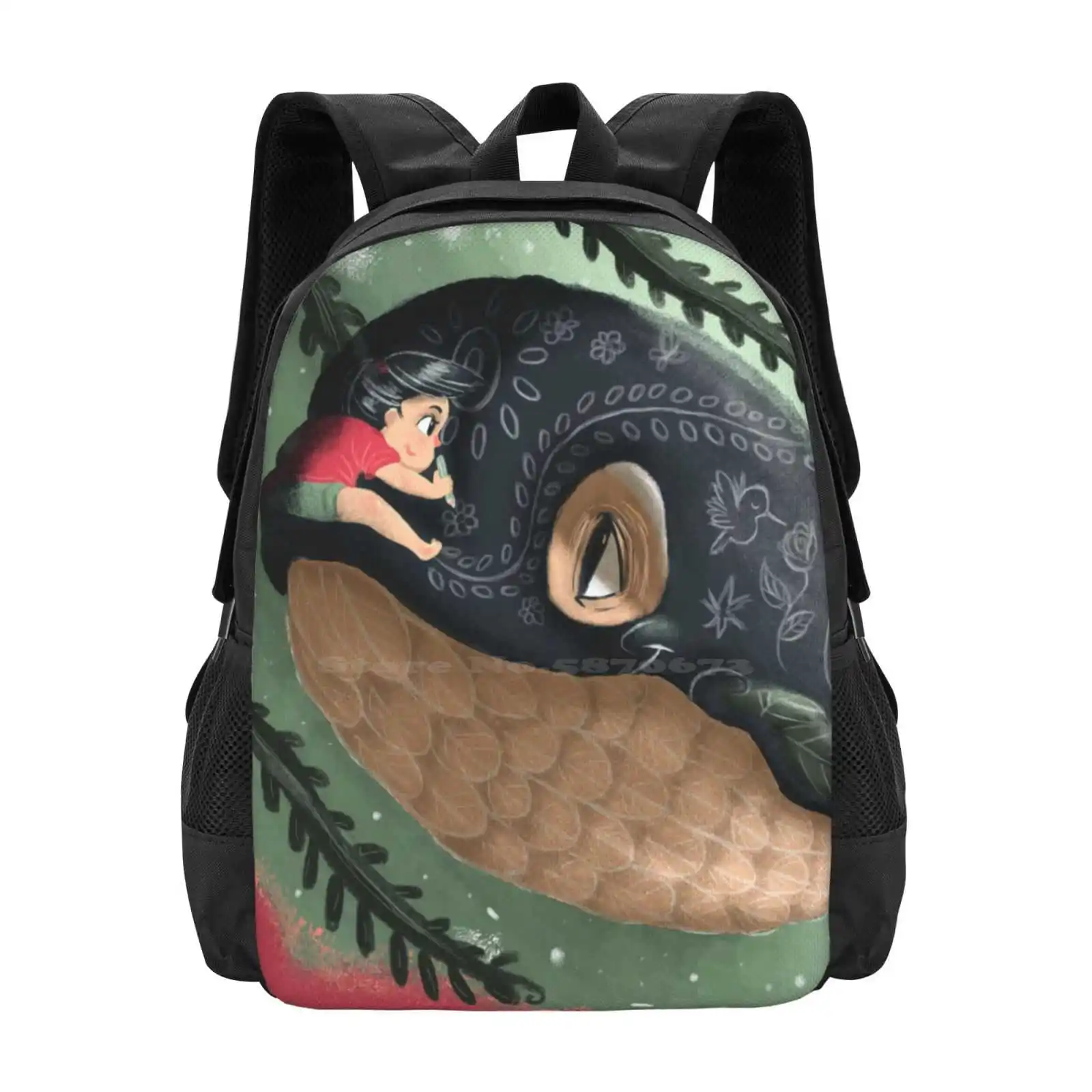 Girl Doodling On Her Sky Whale Hot Sale Schoolbag Backpack Fashion Bags Whale Imagination Sketch Doodle Sky Magical Artistic