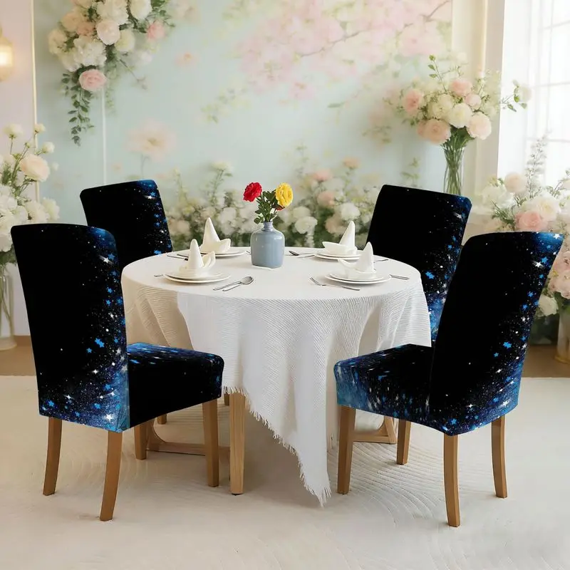 

Набор чехлов для обеденных стульев с плоским принтом и сине-белыми звездами на черном фоне, чехол для стула