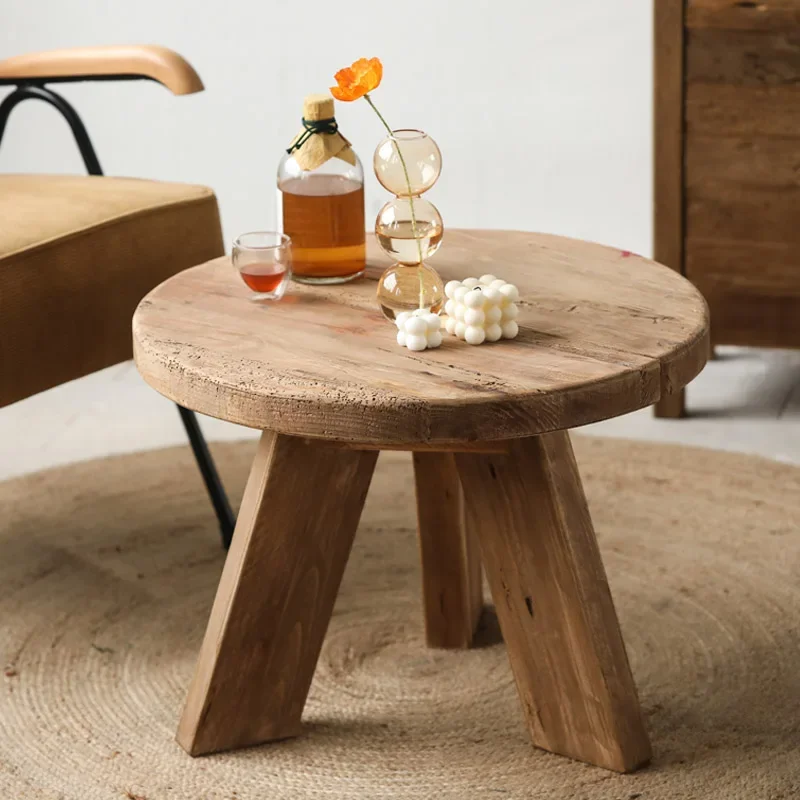 Wooden small round coffee table, wabi sandy wind log creative retro old home living room solid wood round table
