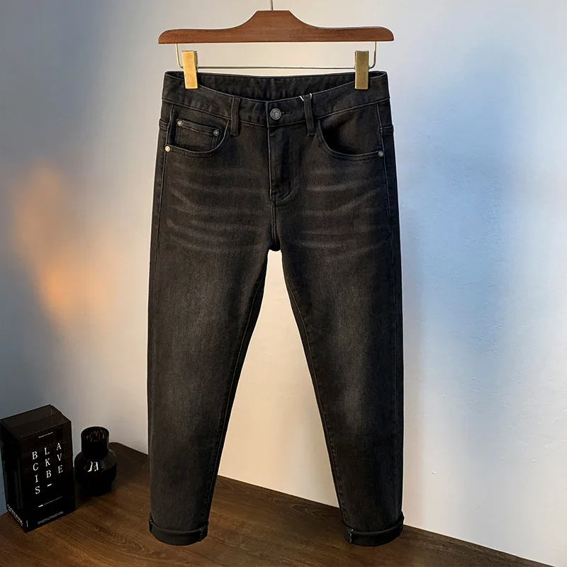 Jeans preto de alta qualidade masculino, slim fit na moda, calça jeans skinny, casual e elegante, primavera e outono, 2024