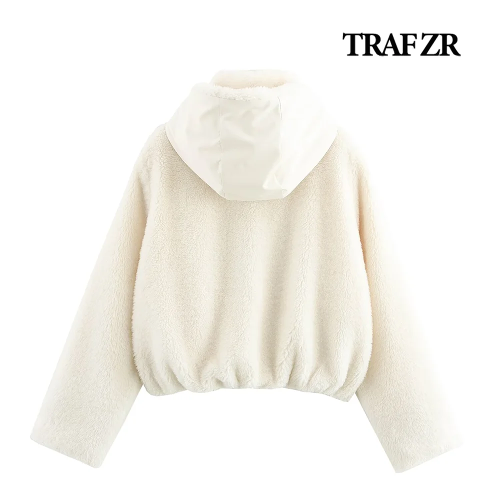 TRAF ZR High Street Elegant Women's Cold Coat Y2k Faux Shearling Jacket with High Collar and Hood Elegant Ladies Cozy Outwears