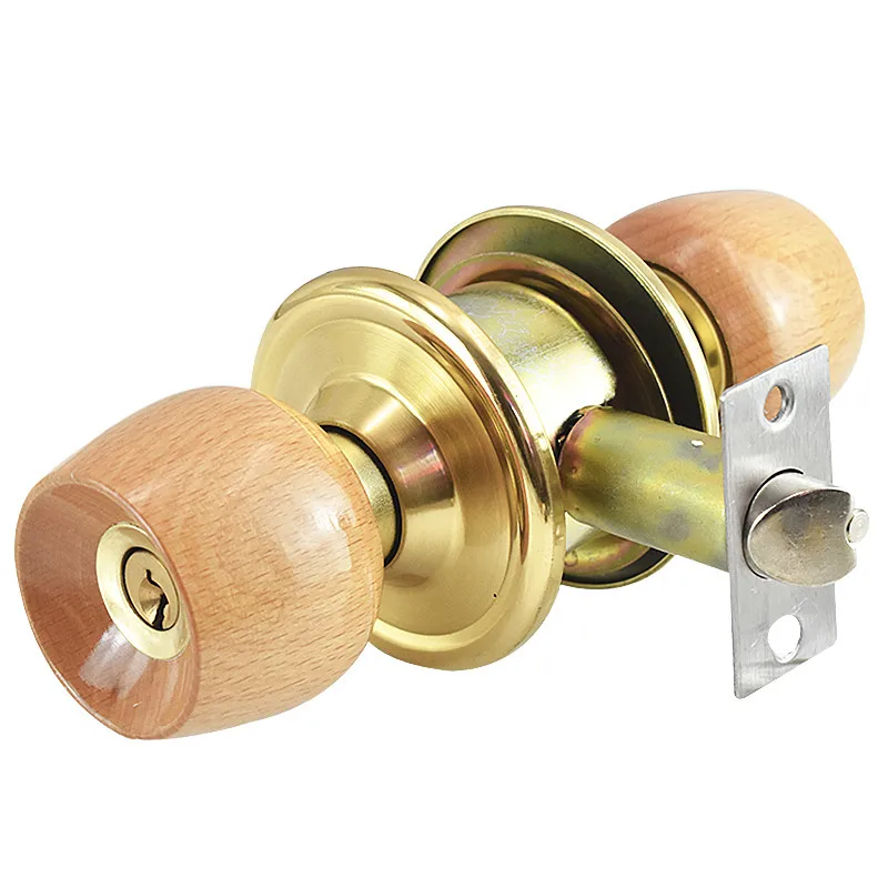 1 Set Wood and Metal Internal Door Lock Round Ball Door Knobs Handle with Key for Bedroom Living Room Bathroom Hardware