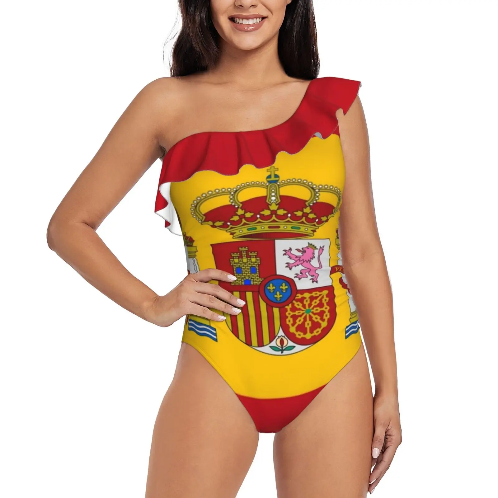 Flag Of Spain One Shoulder Ruffle Swimsuit One Piece Print Swimwear Women Bathing Suit Monokini Flag Of Spain Spain