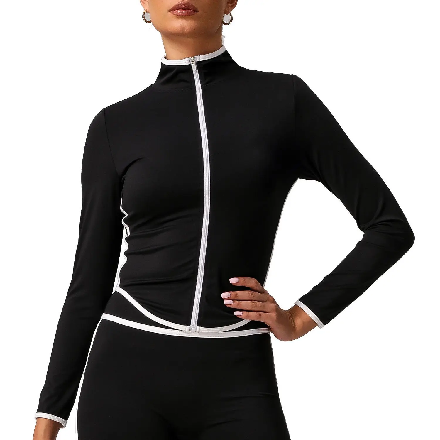 

Mermaid Curve Color Contrast Sports Yoga Jacket Quick-drying Lapneck Long Sleeve Jacket Fashionable Outdoor Fitness Jacket