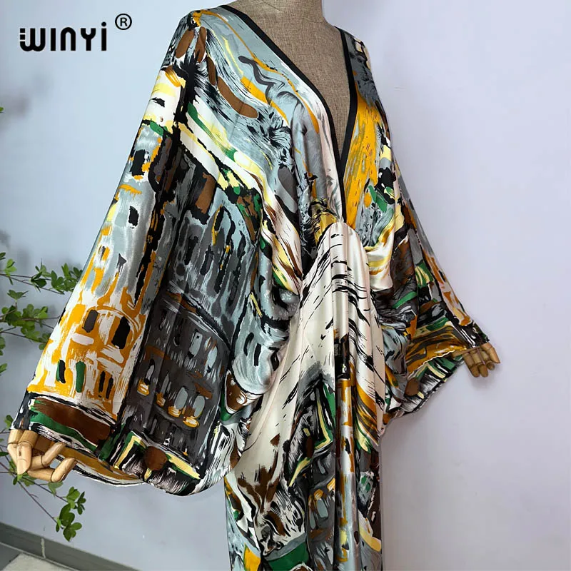 2023 WINYI Sexy Beach High-Quality Silk Feel Fashion Print Maxi Women's Robes Long V-Neck Bohemian Dress Party Evening Dress