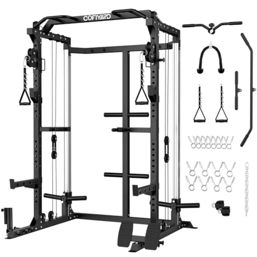 Power Cage Power Rack with Dual Pulley System for Home Gym Multi-Function Squat Rack with Cable Crossover in Black Steel Frame