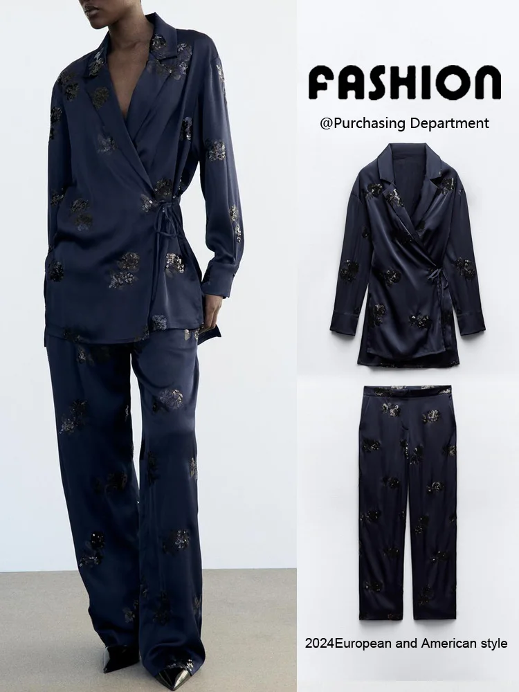 Summer New Women's Long Sve Turn-down Collar Kimono Sle Belted Suit Jaet Medium Length Other 00% Material