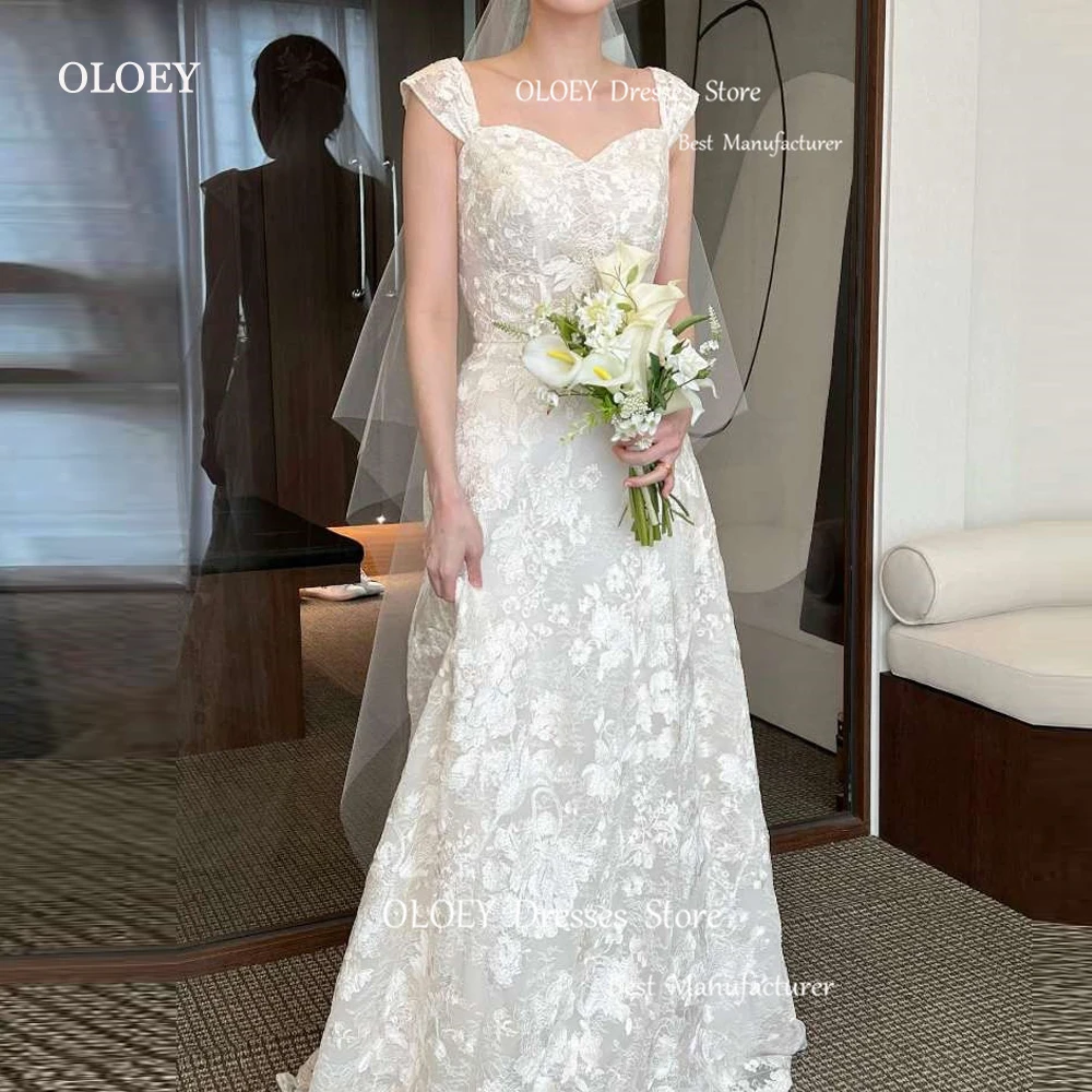 

OLOEY Exquisite Full Lace Korea Wedding Dresses Cap Sleeves Floor Length Bridal Gowns Corset Back Elegant Photo shoot Mariage