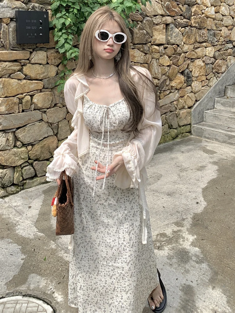 

Sweet Floral Print Maxi Dress with Drawstring And Belt A-Line Silhouette Korean Style Commute Flower Summer New Arrival