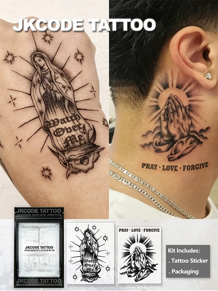 

2-Piece Set of Waterproof Semi-Permanent Tattoos, Hand Tattoos, Temporary Tattoos, Sketch Tattoos, Virgin Mary, Prayer and Love, Waterproof, Realistic Fake Tattoos, Plant Tattoos, Hand Tattoos, Magic Tattoos, Lasts 1-2 Weeks, Men's Tattoos