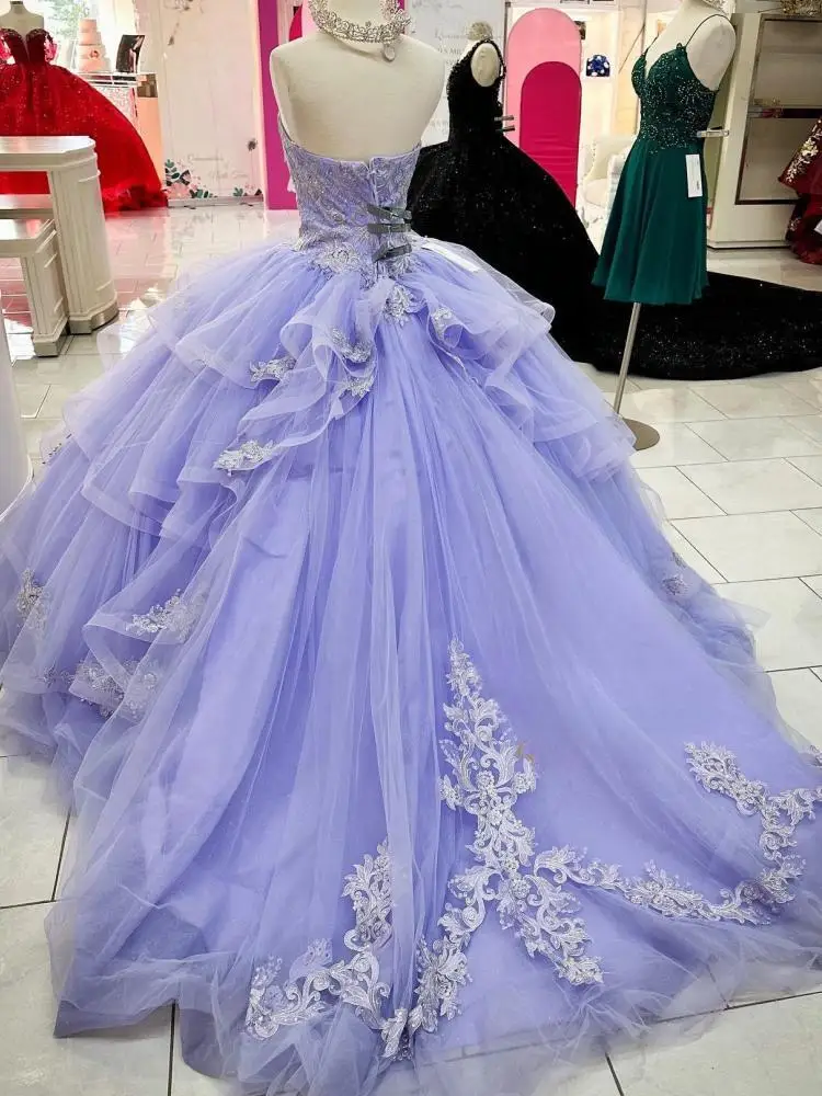 

Real Picture Elegant Lavender Quinceanera Ballgowns Lace Applique Beads Corset Back Vestido De 15 Anos Prom Birthday Party Gown