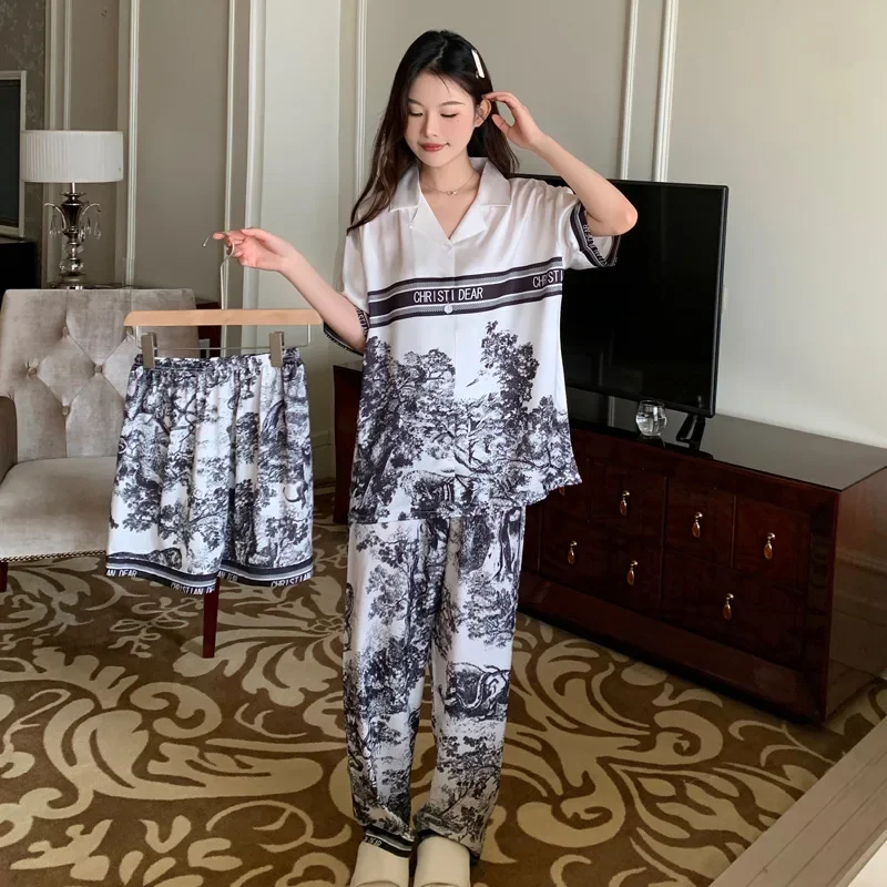 Ink Painting Style Short-sleeved Lapel Fashion Pajamas Summer Cool Loungewear Women\'s Three-piece Set Pajamas for Women Satin