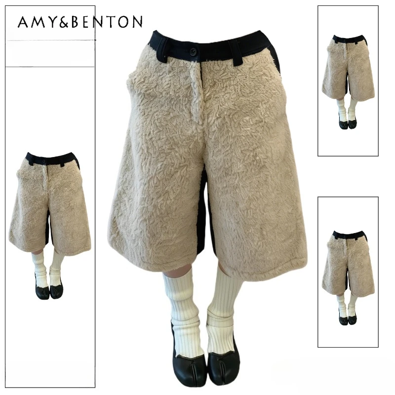 

American Retro Color Block Lamb Wool Splicing Women's Wide-Leg Trousers Winter New Street Loose Straight-Cut Capri Pants Ladies