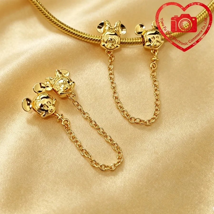 Hot Sale Gold Plated Original Charms Mickey Mouse Safety Chain Pet Dog Beads Fit Bracelets Accessories DIY Women Jewelry Gifts view 2