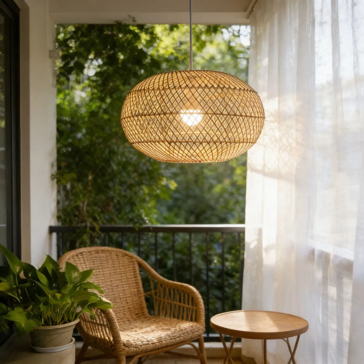 

JOYINLED Vintage Rattan Pendant Lamp Flat Ball Rattan Lamp for Living Room Bedroom Bar Villa Stairwell Hand-woven Chandeliers
