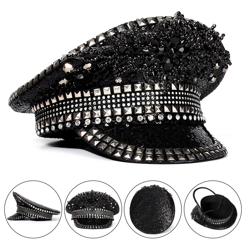 

Women Rhinestone Hat Black Sequin Lady Sergeant Bride Hats Festival Music Party Captain Sergeant Cap Birthday Part Caps