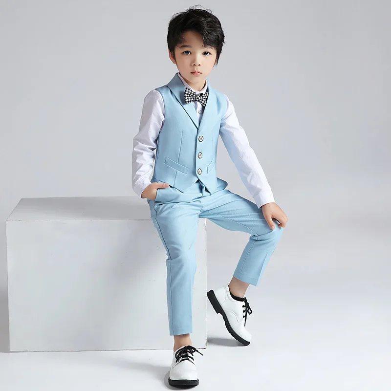 Kids Candy Color Vest Boy Waistcoat Wedding Clothes Set Toddler Formal Dress Suits Child BowTie Shirt Pant Baby Gentlemen Outfit