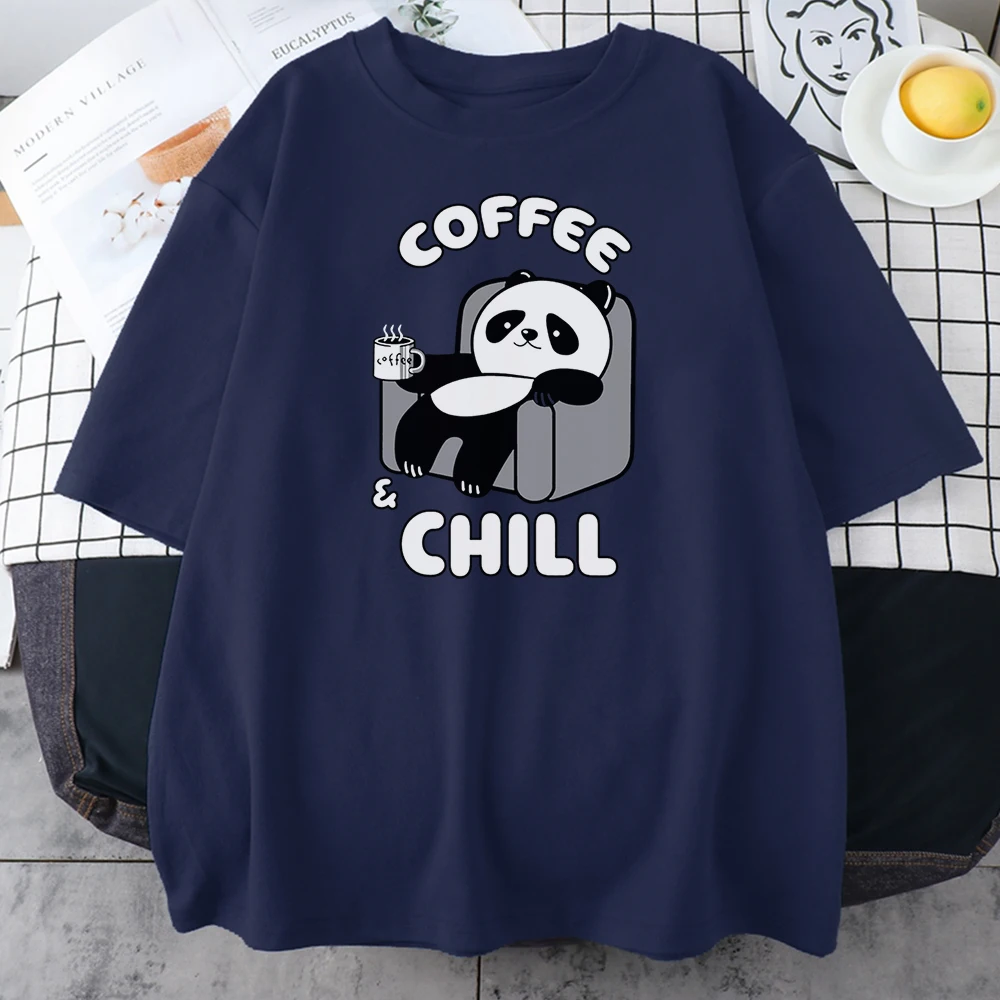 Coffee And Chill Kawaii Panda Male T-Shirts Cotton Designer Short Sleeveoutdoor Harajuku Streetwear Comfortable Street Tees Men