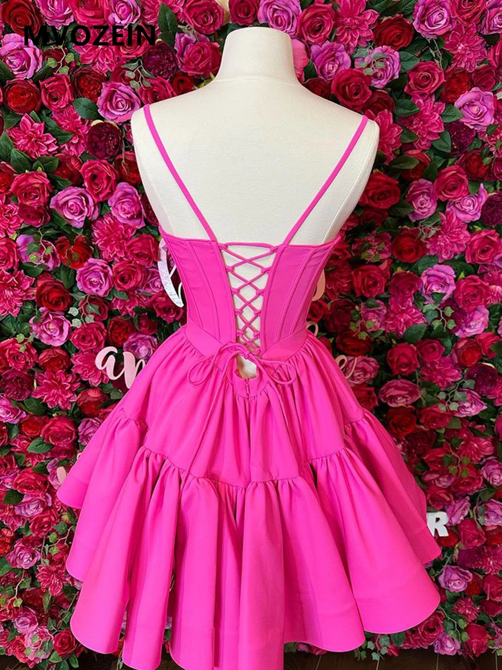 Vestido de fiesta rosa con tirantes finos, minivestido de satén con volantes por encima de la rodilla, para graduación y cóctel