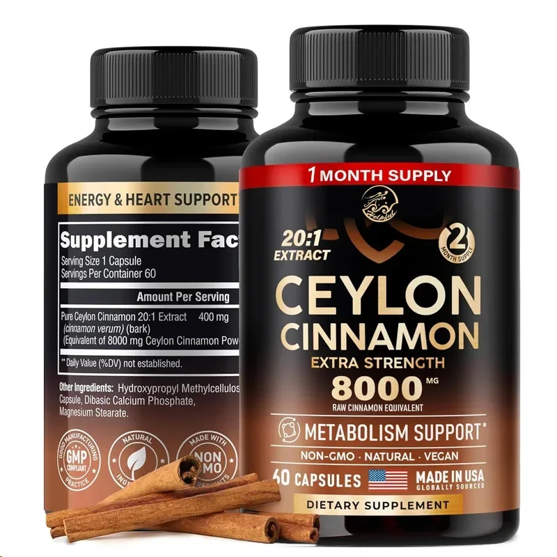 Ceylon Cinnamon -8000 Milligrams, Extra Strength Energy, Heart and Metabolism Support 20:1 Supplement 60 Vegetarian Capsules