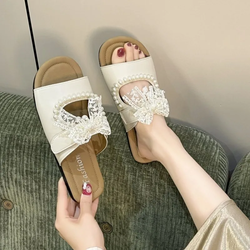

Bow Bead Women Flats Slippers 2026 New Lace Up Woman Shoes Fad Casual Sandals Soft Beach