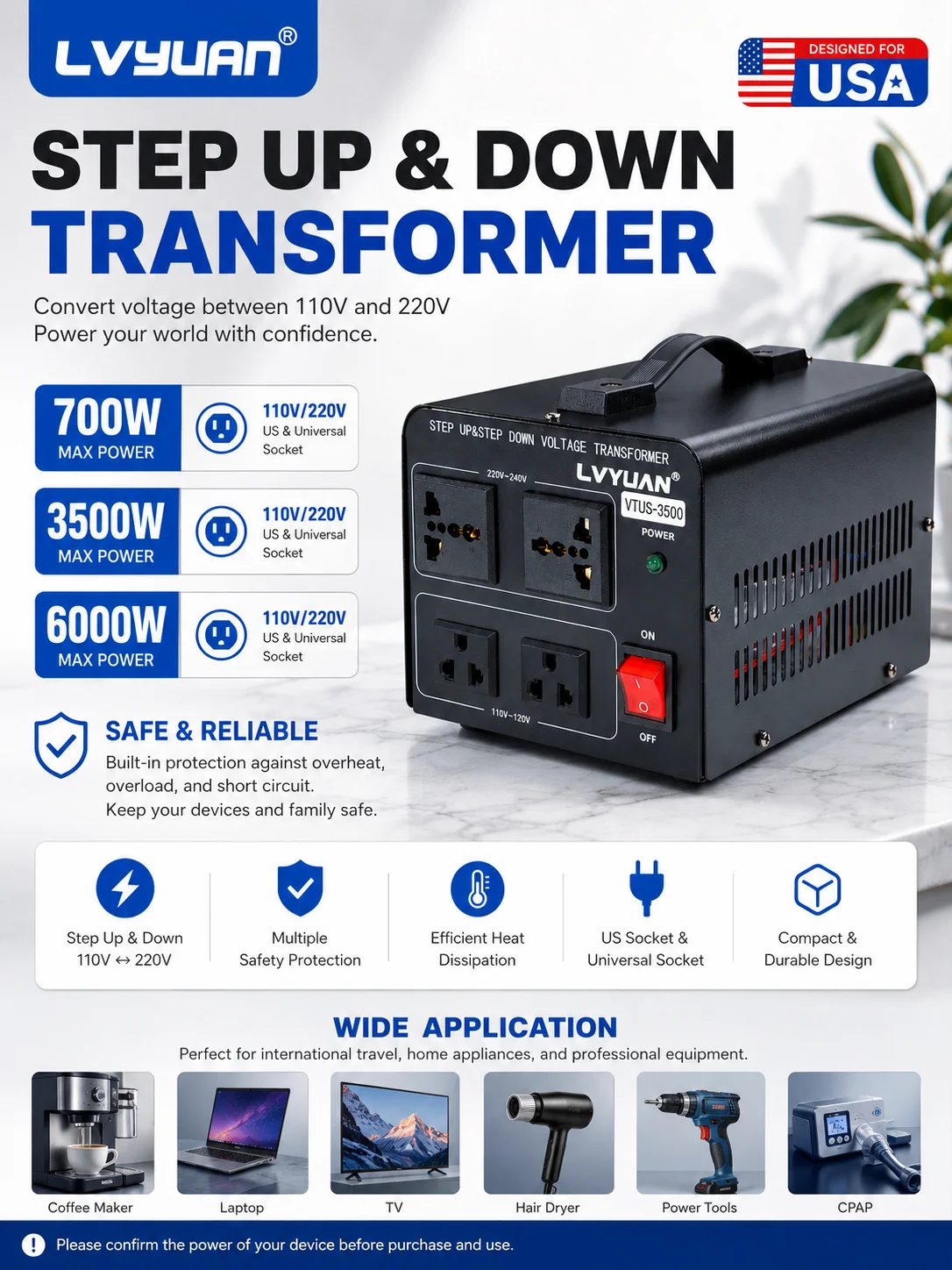 LVYUAN 700W/3500W/6000W Voltage Transformer AC 110V to 220V Or 220V to 110V Step Up&Down Converter US Standard Power Cord view 4