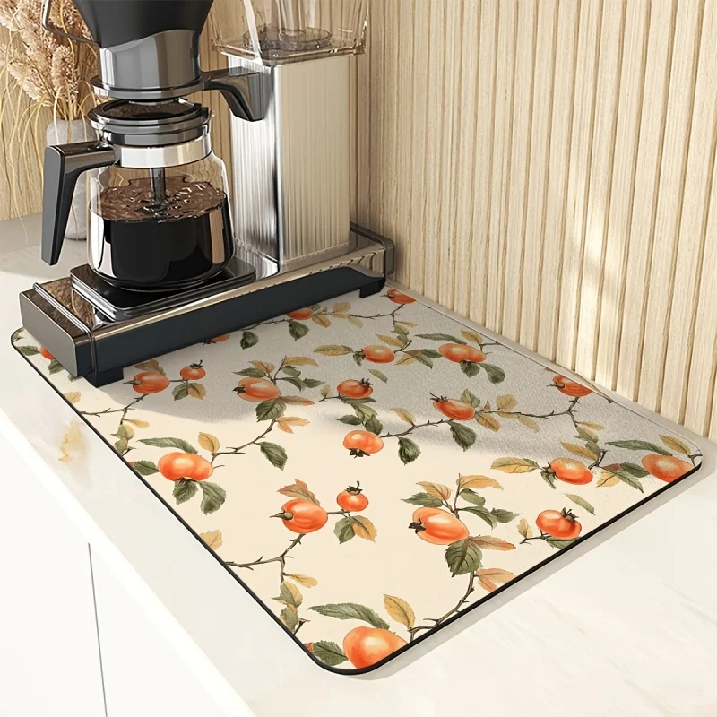 Drying Mat Orange Fruit Branch Leaf Print Tableware Drain Pad for Kitchen Countertop Coffee Machine Area