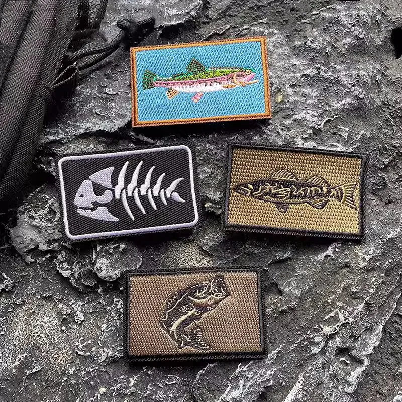 Hobbies Fishing Embroidery Patches Colorful Fish Outdoor Tactical Badge Black White Fish Bone Backpack Accessories for Clothing