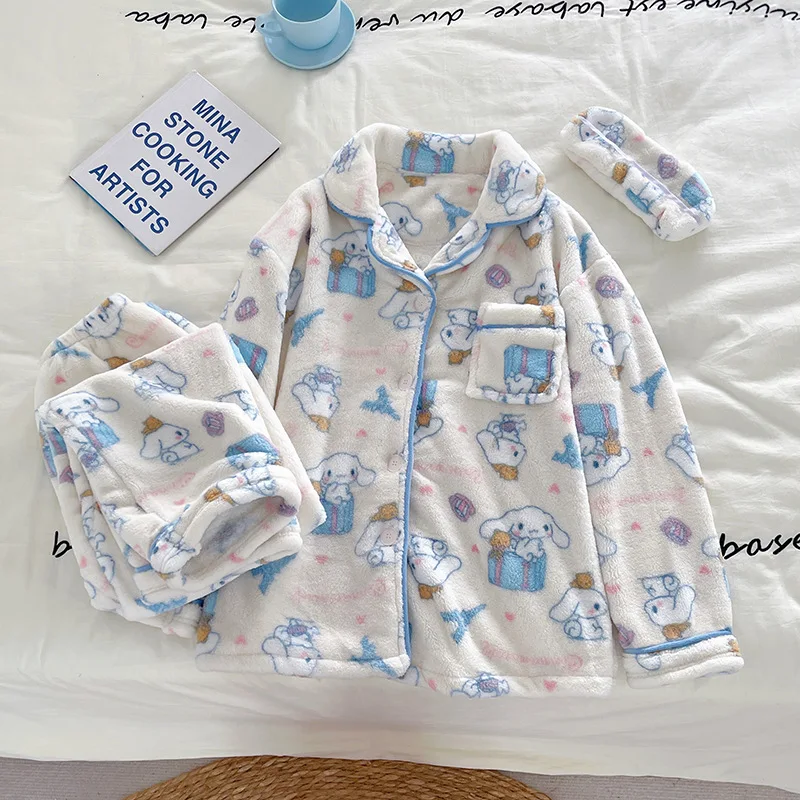 Sanrio Female Flannel Cardigan Thickening Long Sleeves Pajama Set Kawaii Cinnamoroll Comic Student Keep Warm Go Out Leisure Wear