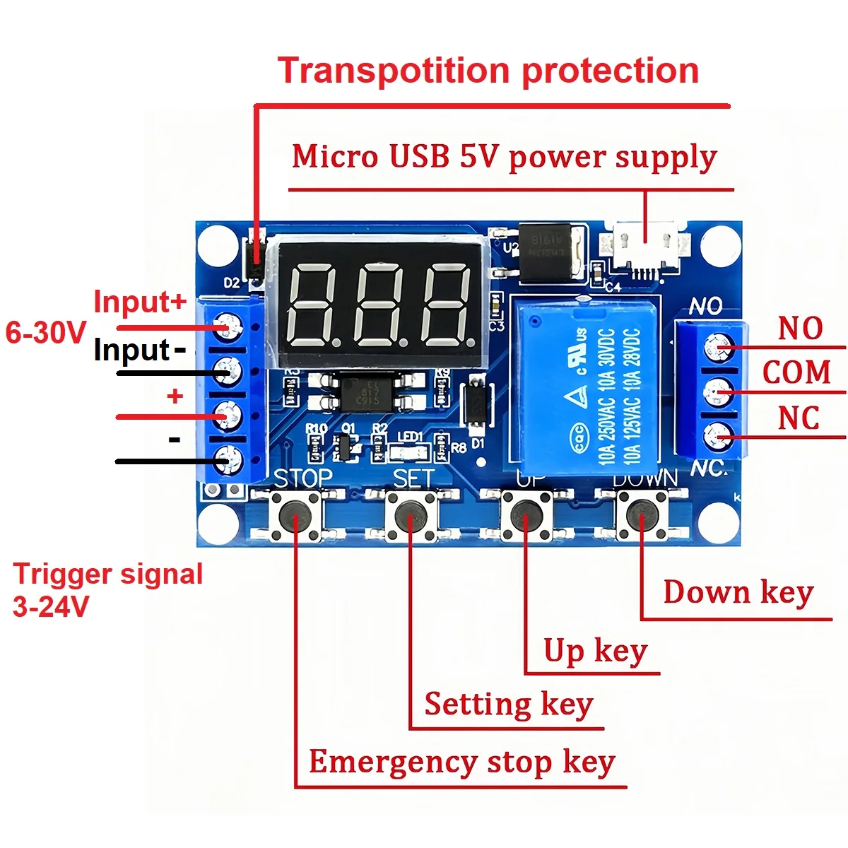 DC 6-30V Timer Relay Programmable Delay Relay Module Trigger Cycle Timer with LED Display 6V 9V 12V 24V Smart Home Controller