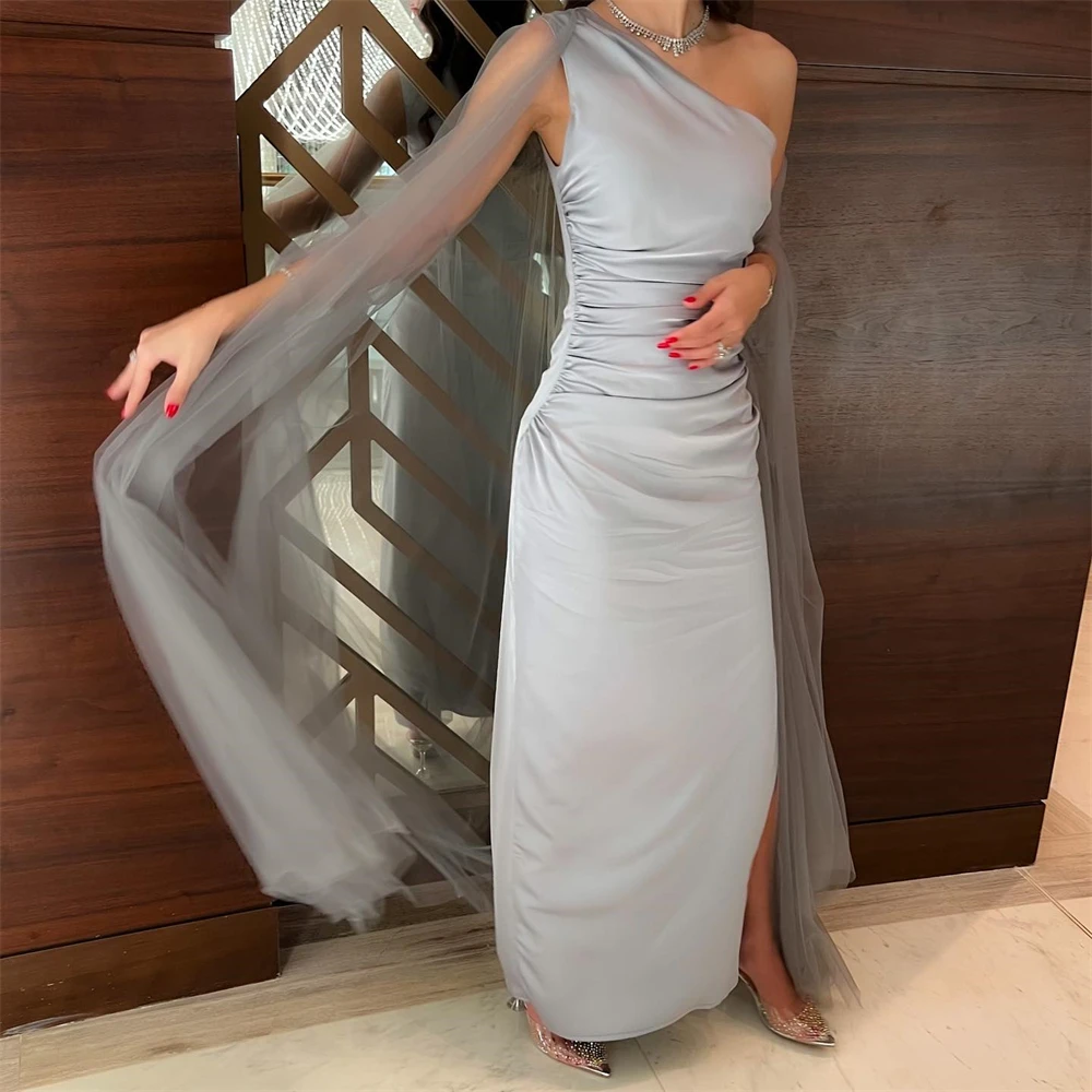 

Fashion One Shoulder Formal Occasion Dresses Women Shawl Mermiad Gray Evening Party Dress Ankle Length Party Gowns فساتين حفلات