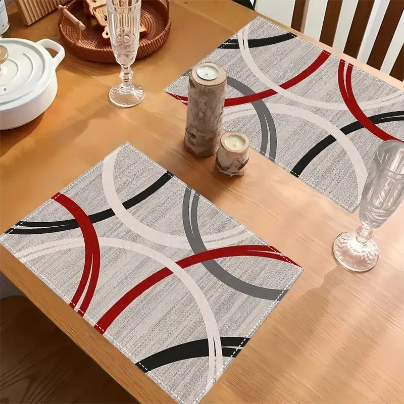 VIKAMA 2/4/6Pcs Modern Abstract Placemats Red Grey Black Curve Geometric Print Washable Dining Table Mats Home Decor