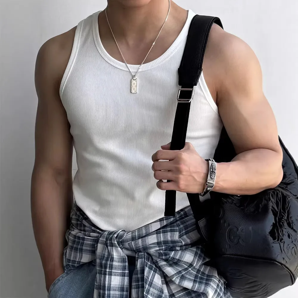 American Ribbed Cotton High-Stretch Sleeveless Tank Top Men's Breathable Casual Base Layer Top