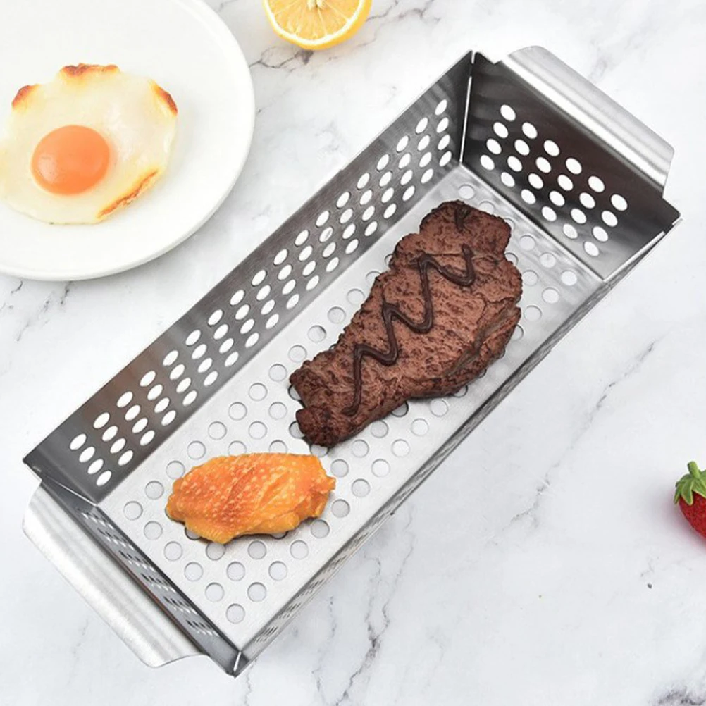 

2pcs Stainless Steel BBQ Pan Double Handle Grill Basket for Outdoor Camping Grilling Vegetables Reusable Baking Tray