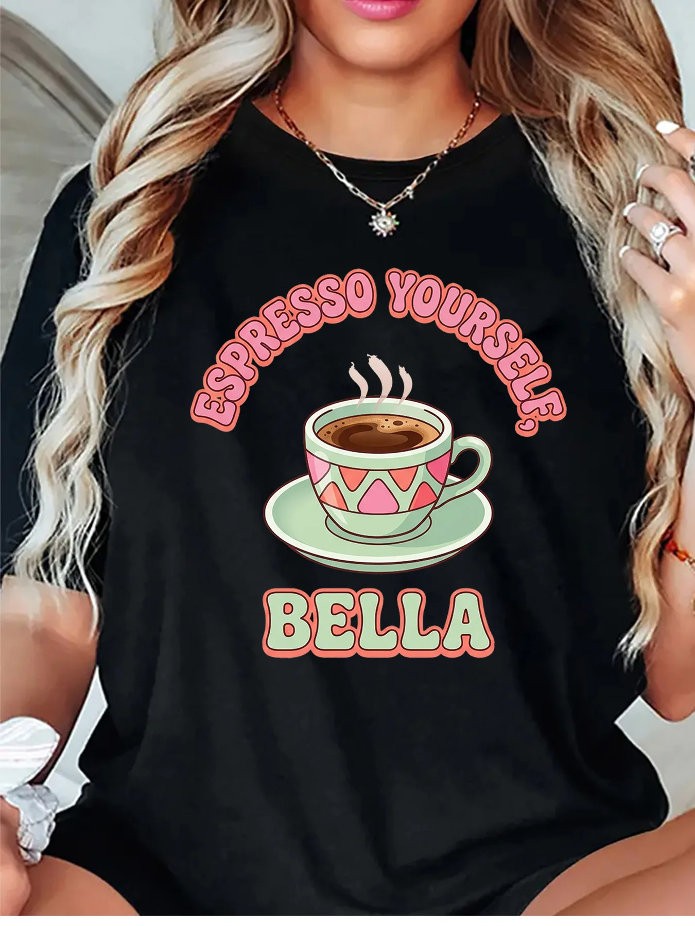 Espresso Yourself Bella Cute Coffee Cup Graphic Womens T Shirt Short Sleeve Crew Neck Fun Slogan Casual Daily Ladies Tee Tops