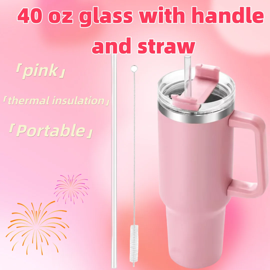 

Розовый стакан на 40 унций с ручкой и соломинкой — изолированная чашка из нержавеющей стали, рождественский подарок для женщин, мамы, бабушки и нее