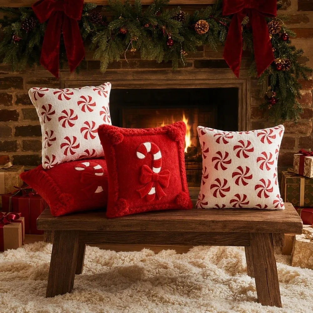 Christmas Pillow Cover Durable 18X18 Inches Cushion Cover Soft Comfortable Candy Cane Bow Design Throw Pillow Cover Halloween
