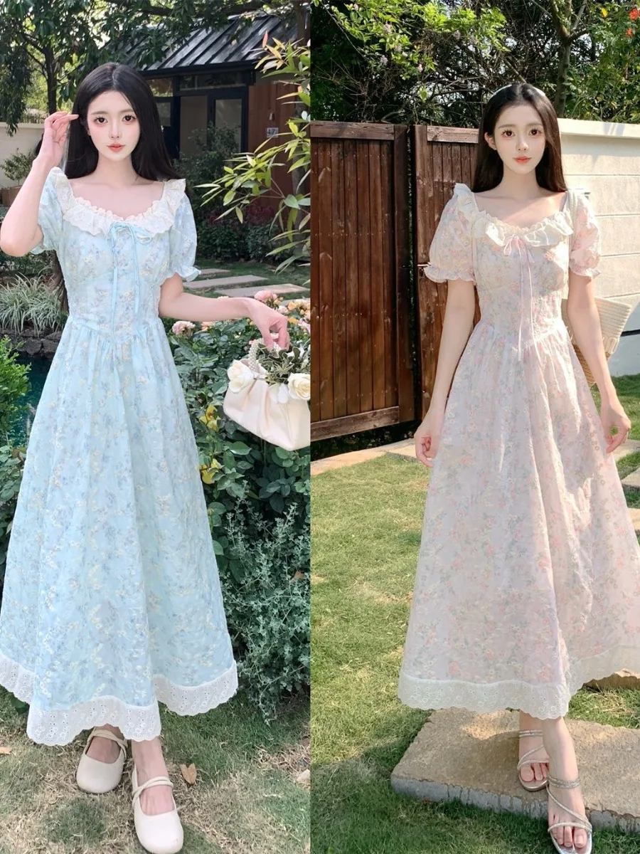

plus Size Floral Print Puff Sleeve Dress Slimming Waist Design Cover up Summer Sweet Waist Cinching Dress for plus Size Women