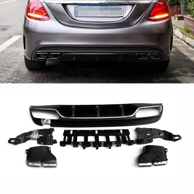 

High quality PP Stainless steel rear bumper lip diffuser with exhaust tip for Benz W205 Sport Bumper 2015-2018