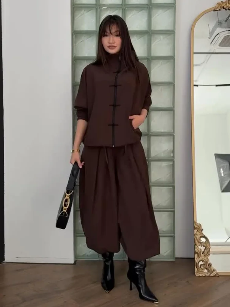 Lady Chic Coffee Tang Suit Two Piece Sets Mandarin Collar Frog Button Top Wide Leg Cropped Pants Set Retro Oriental Daily Wears