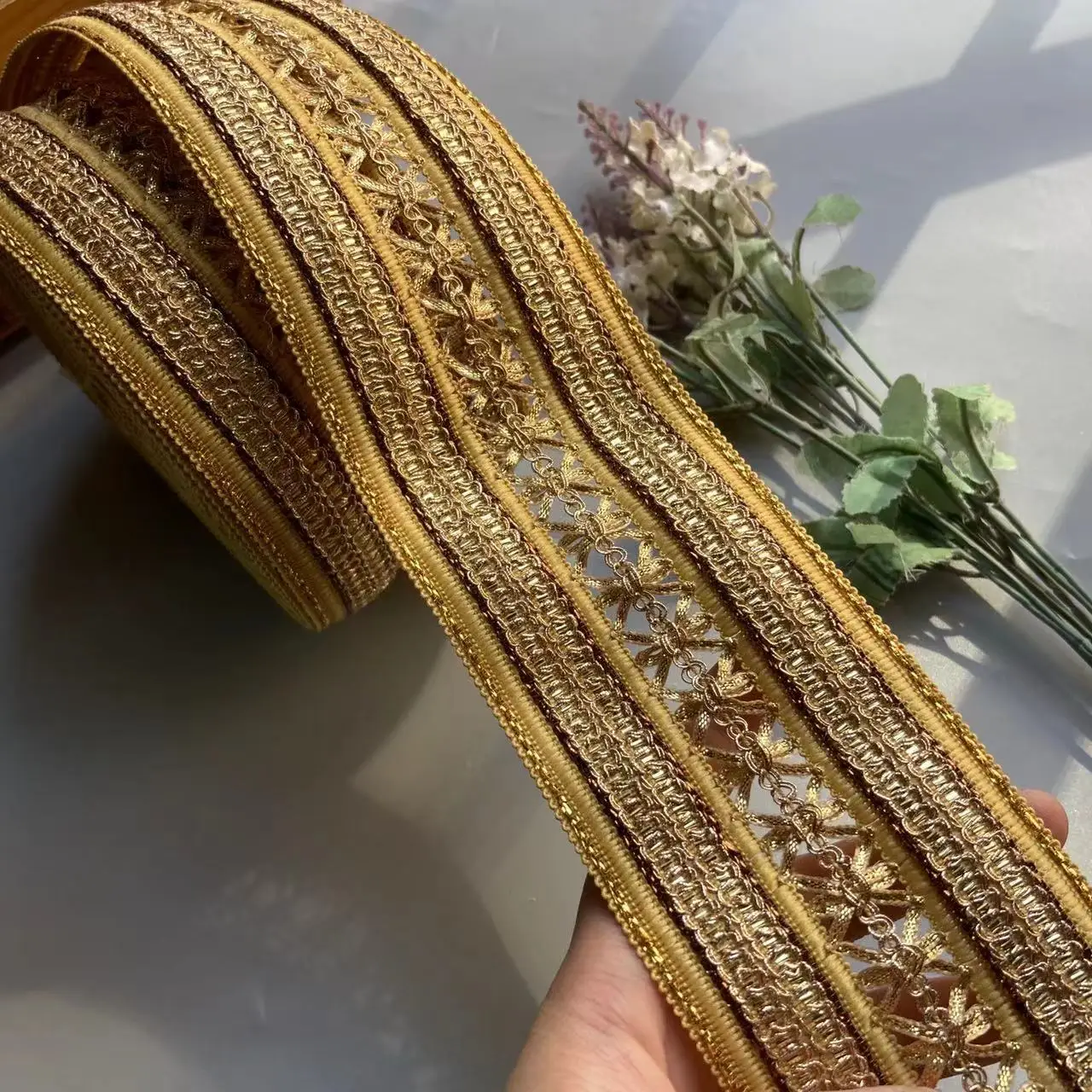 1 Yard Yellow Rice Lace Trim Ribbon Ethnic Clothing Gold Thread Embroidery Sequin Fabric Jacquard Webbing Garment Accessories