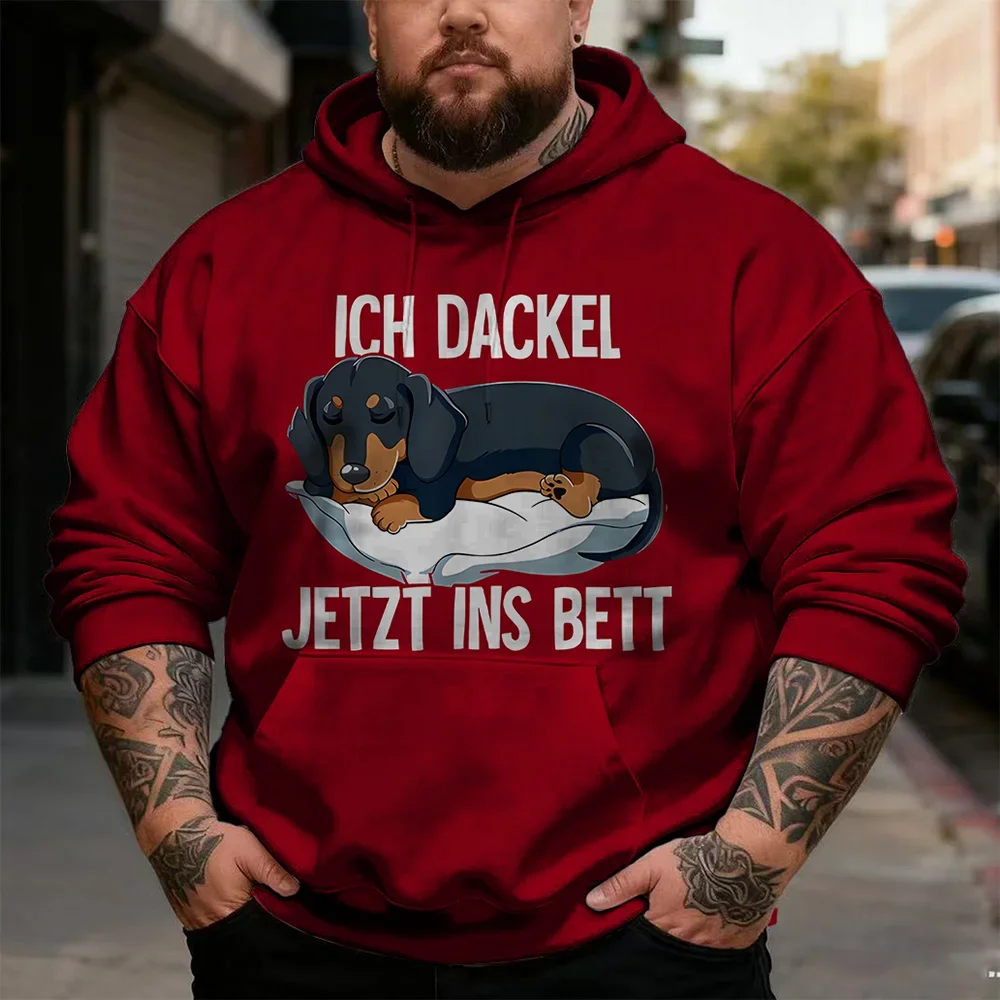 Men's Plus Size German Animal Humor Pullover Hoodie, Sloth, Dachshund or Sheep Cartoon Print for Relaxed Weekend Hangouts, S-9XL
